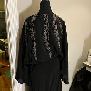 Embroidered Black Evening Dress with Metallic Leaf Details